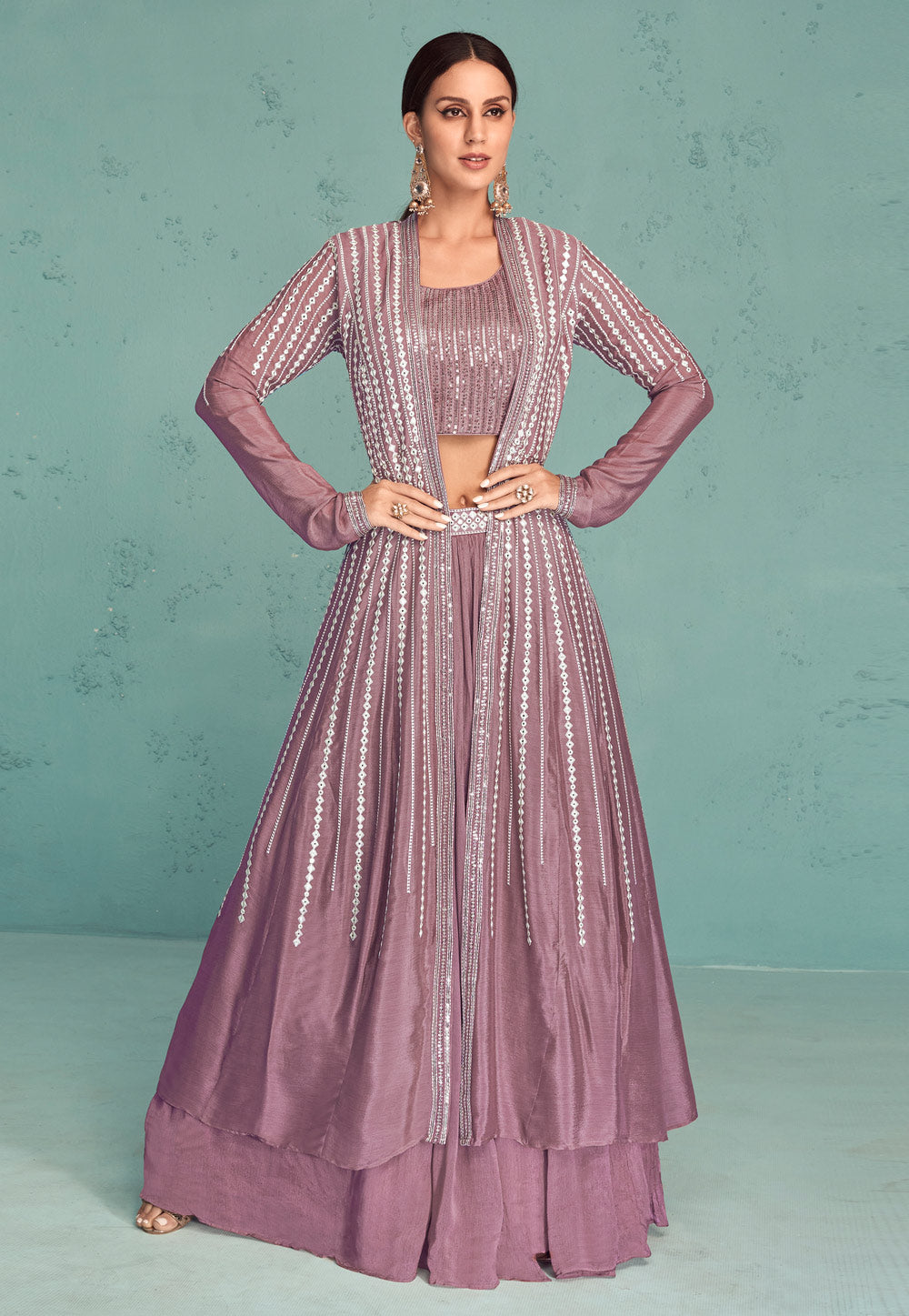 Lavender anarkali with long koti
