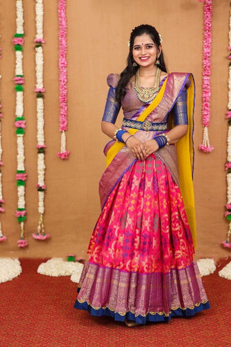 Pattu Pavdai stitched half saree: rani pink and yellow