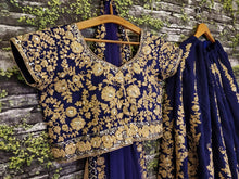 Navy blue and gold floral silk Lehenga