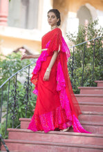 Partywear saree with a touch of bandhani printed ruffle