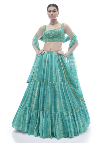 Sea green jacquard Lehenga