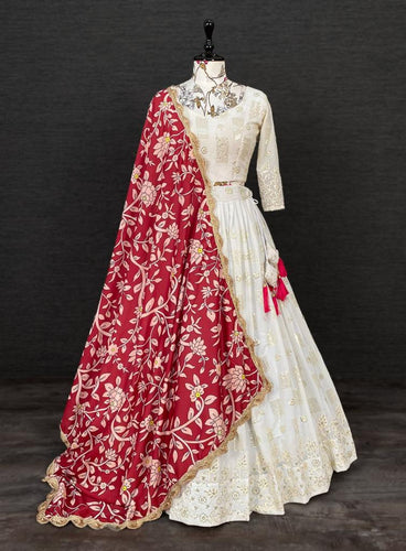 White georgette sequinned and thread work Lehenga