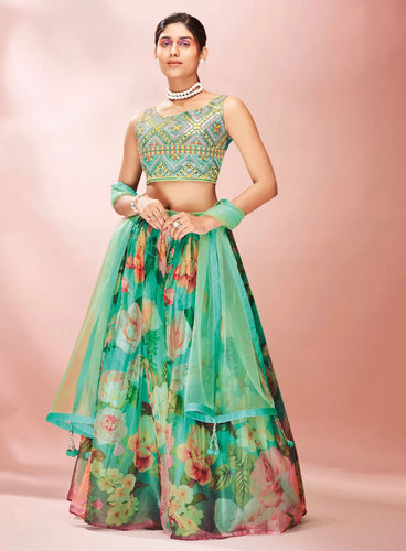 Digital floral lehengas - green floral