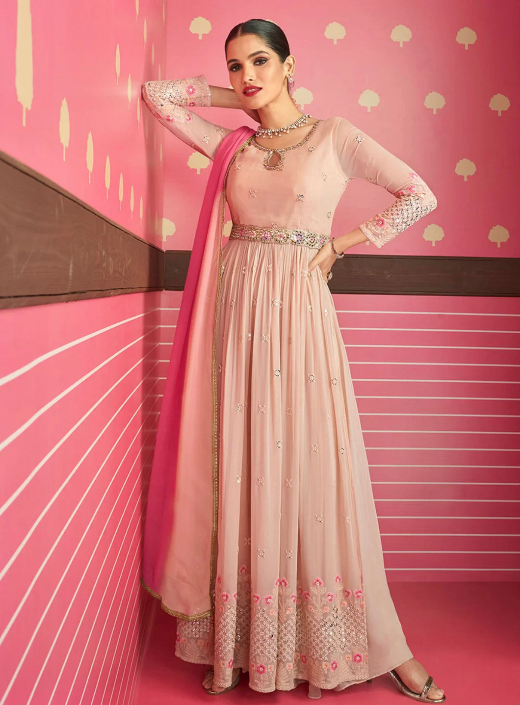 Janisha - Peach Georgette embroidered palazzos