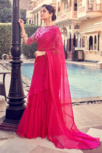 Ruby pink ruffle plain saree in organza