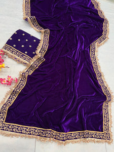 Deep purple velvet saree
