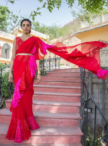 Partywear saree with a touch of bandhani printed ruffle