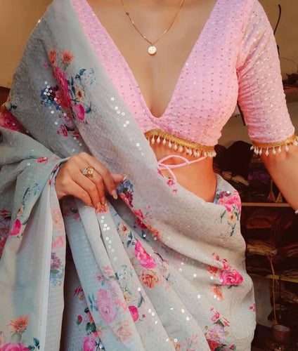 Partywear - floral Digital print sequins saree