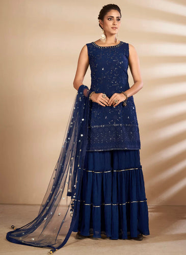 Fashionable shararas - Navy blue