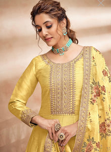 Art silk gown with floral dupatta- yellow