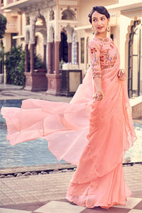 Peach ruffle plain saree in organza