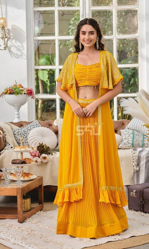 Yellow cape style Lehenga with koti