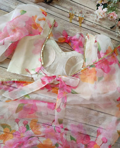 Organza silk floral white saree
