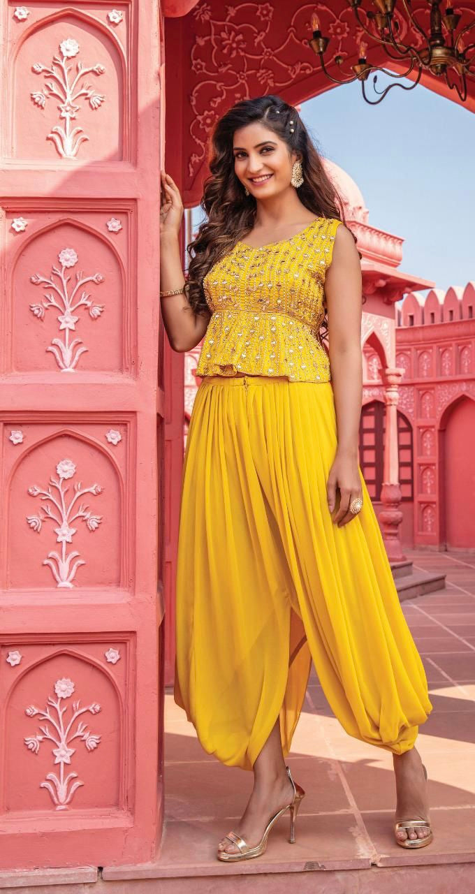 Sun Yellow Dhoti Suit In Georgette With Gotta, Zardosi And Pearls In Floral  Pattern Online - Kalki Fashion | Indian fashion dresses, Pakistani dress  design, Party wear indian dresses