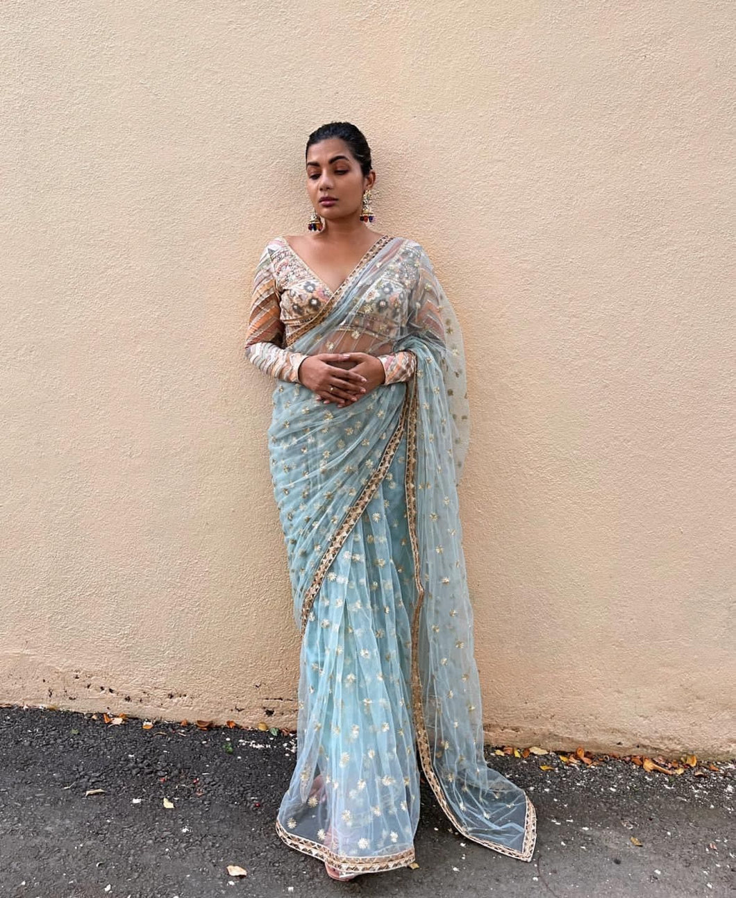 Icy blue net saree