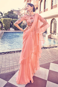 Peach ruffle plain saree in organza