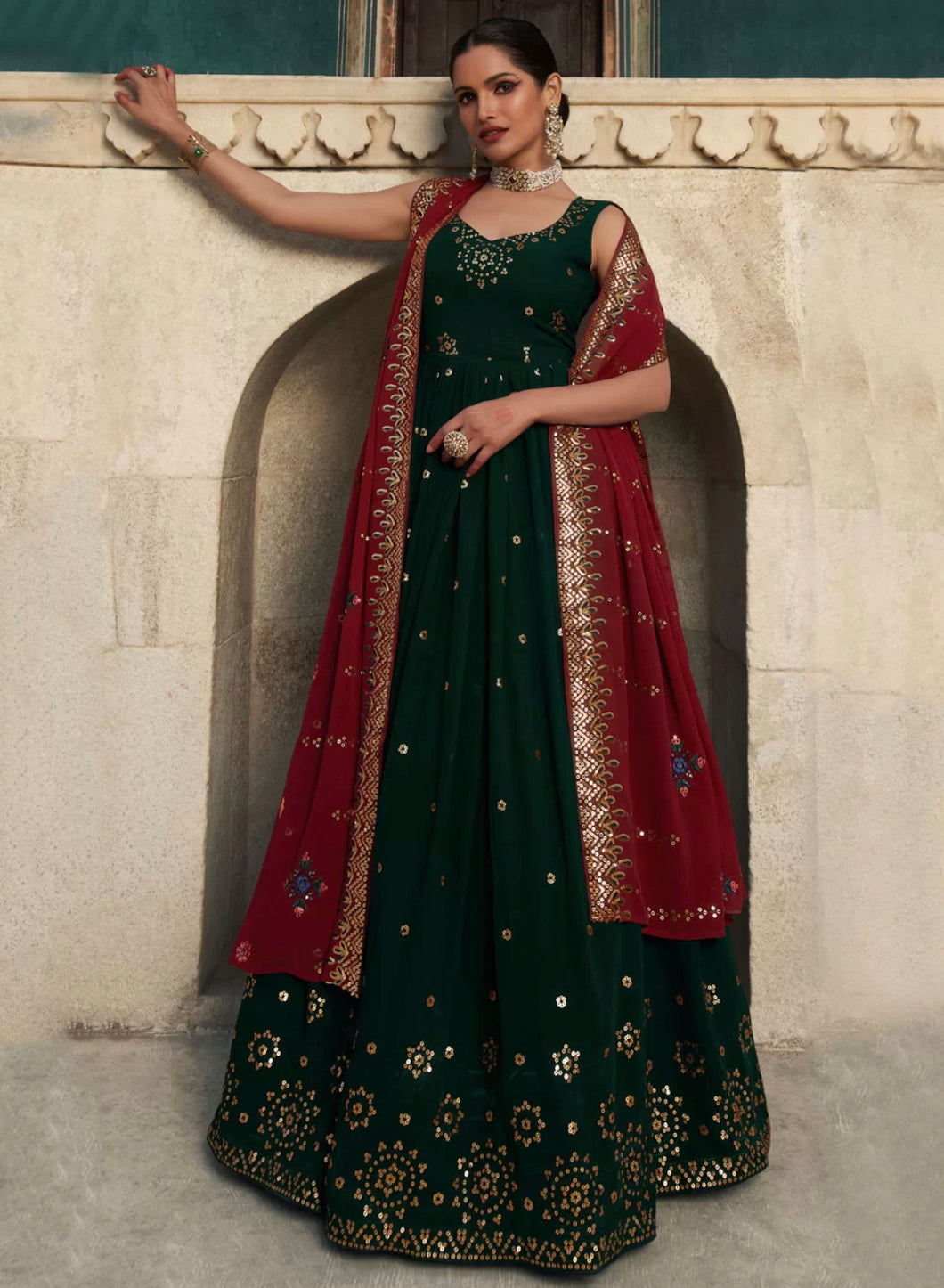 Saya - Trendy bottle green georgette sequins and thread work gown