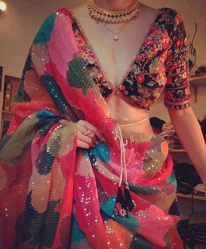 Partywear - Digital print sequins saree