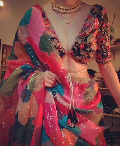 Partywear - Digital print sequins saree