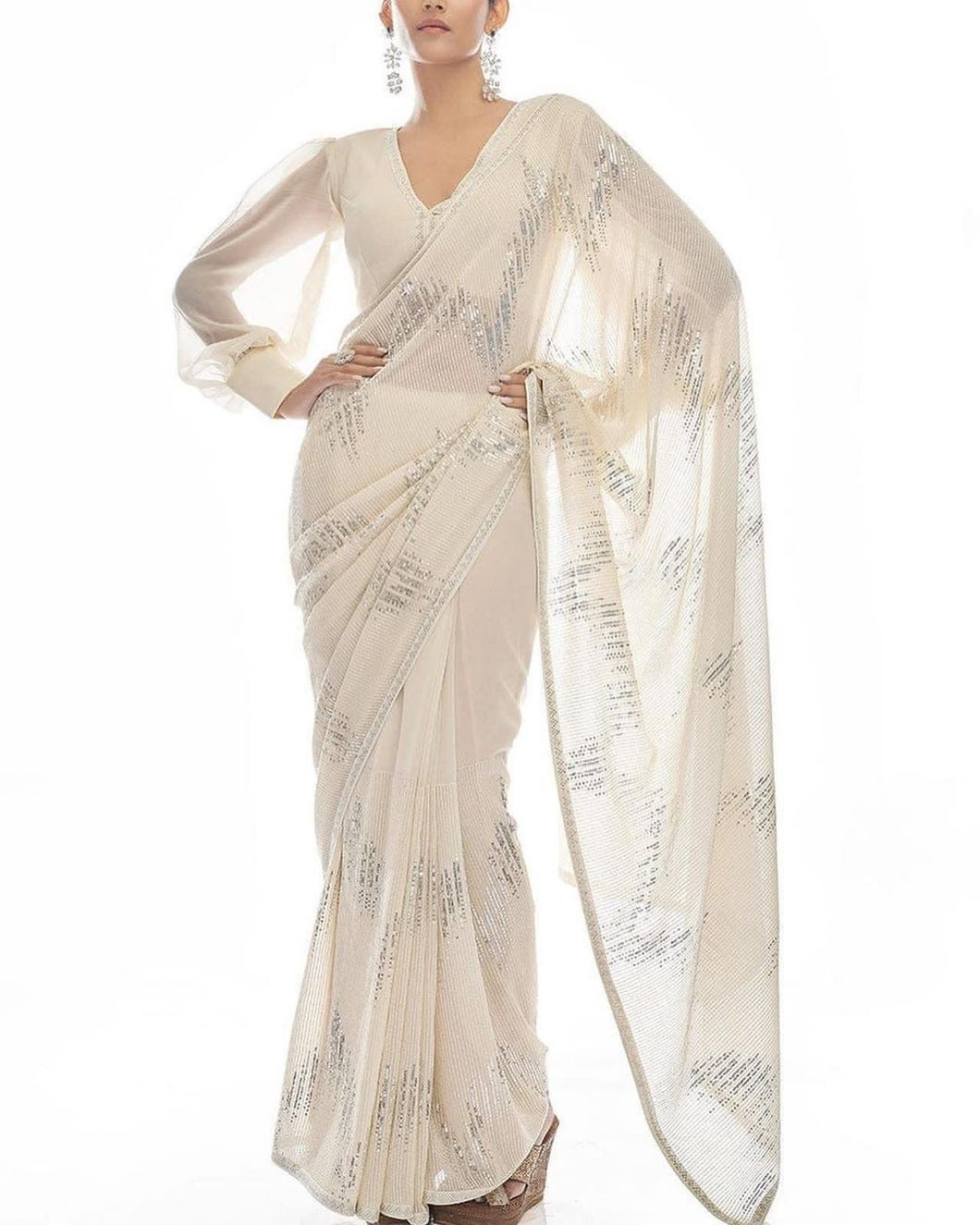 Celebrity inspired saree: white and silver sequinned saree