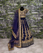 Navy blue and gold floral silk Lehenga