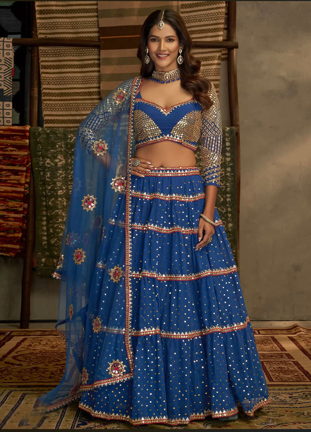 Blue georgette threadwork Lehenga