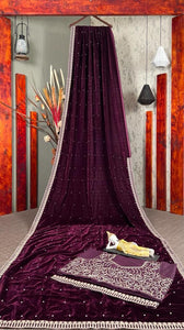 Wine velvet bead embroidered saree