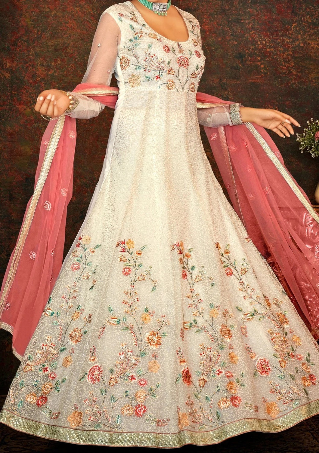 Safeena catalogue- off white floral anarkali