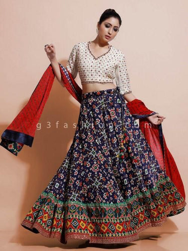 Printed silk Lehenga - blue and off white