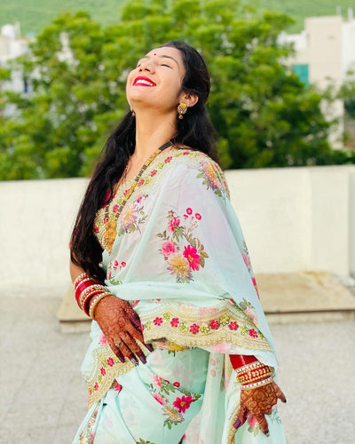 Sky blue floral silk saree