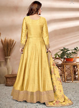 Art silk gown with floral dupatta- yellow