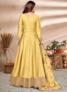 Art silk gown with floral dupatta- yellow