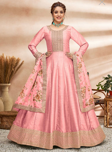 Art silk gown with floral dupatta- pink