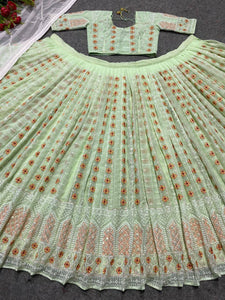 Green pista partywear silk Lehenga