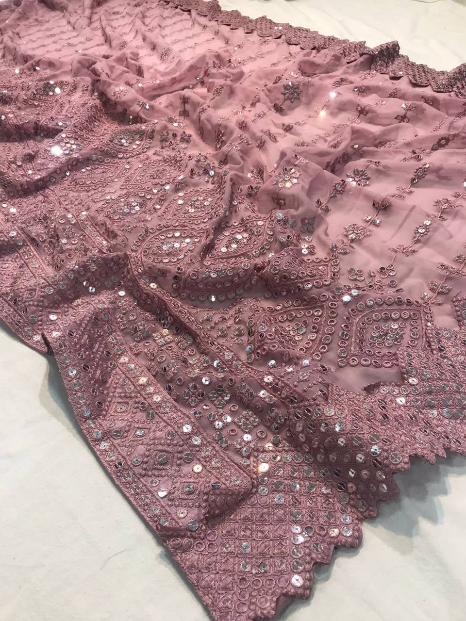 Silk chikankari work saree in mauve stone