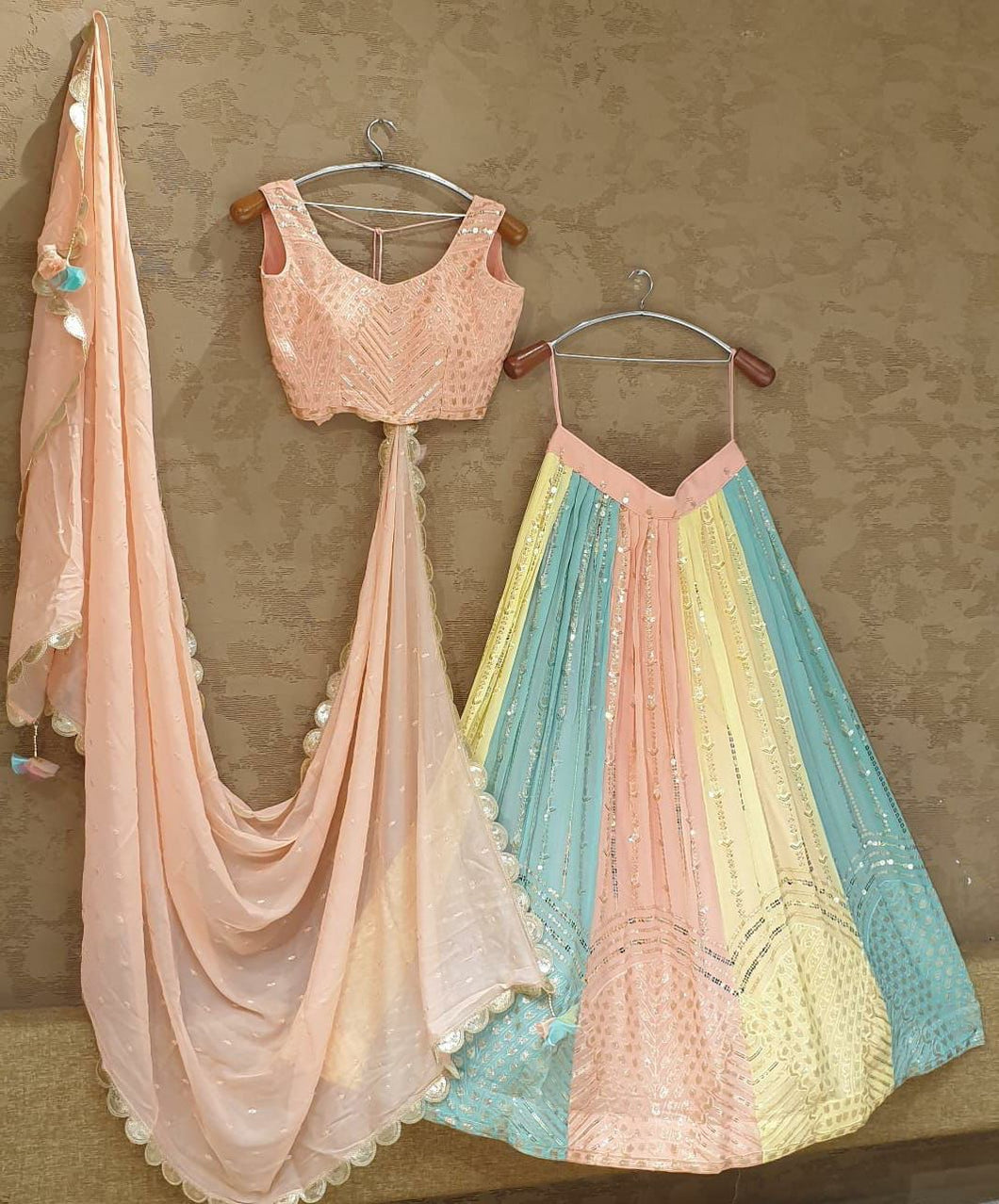 Pastel multi colour chine sequinned Lehenga- readymade