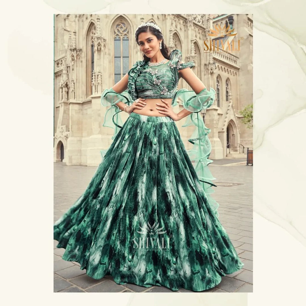 Green tie and dye Lehenga with ruffle dupatta