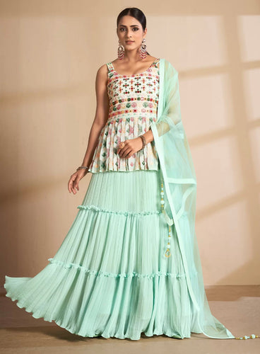 Georgette stitched thread and sequinned lehenga - sea green