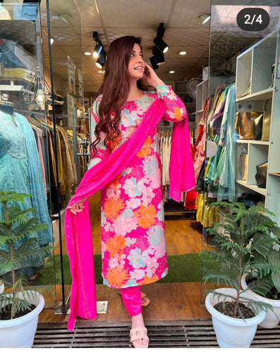 Floral salwaar kameez in Orange, pink and yellow