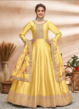 Art silk gown with floral dupatta- yellow