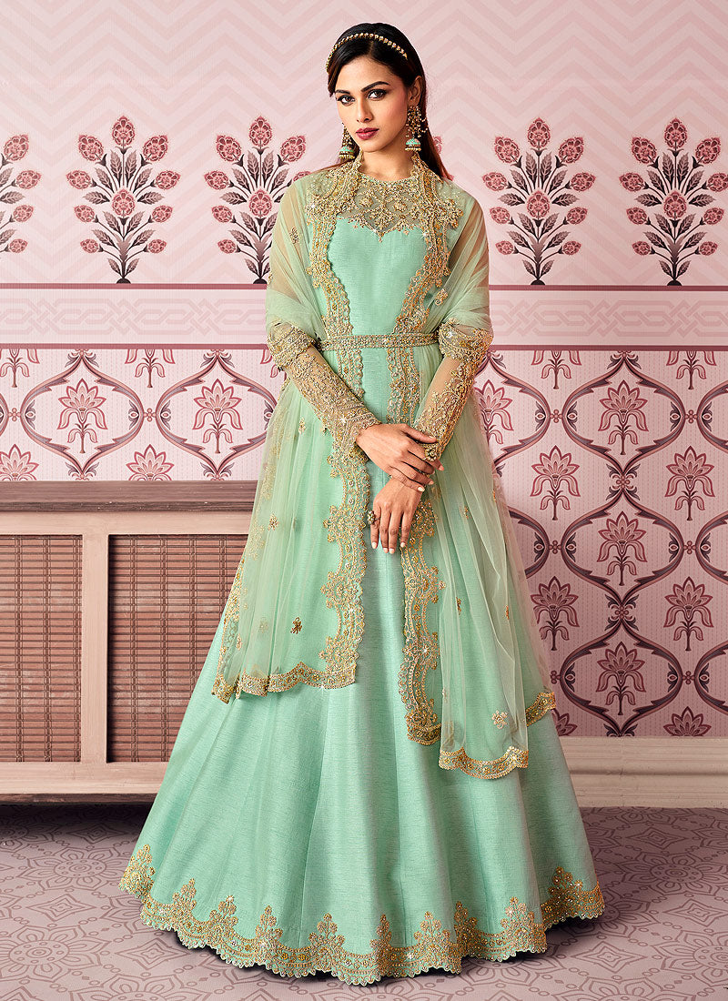Green embroidered Anarkali gown