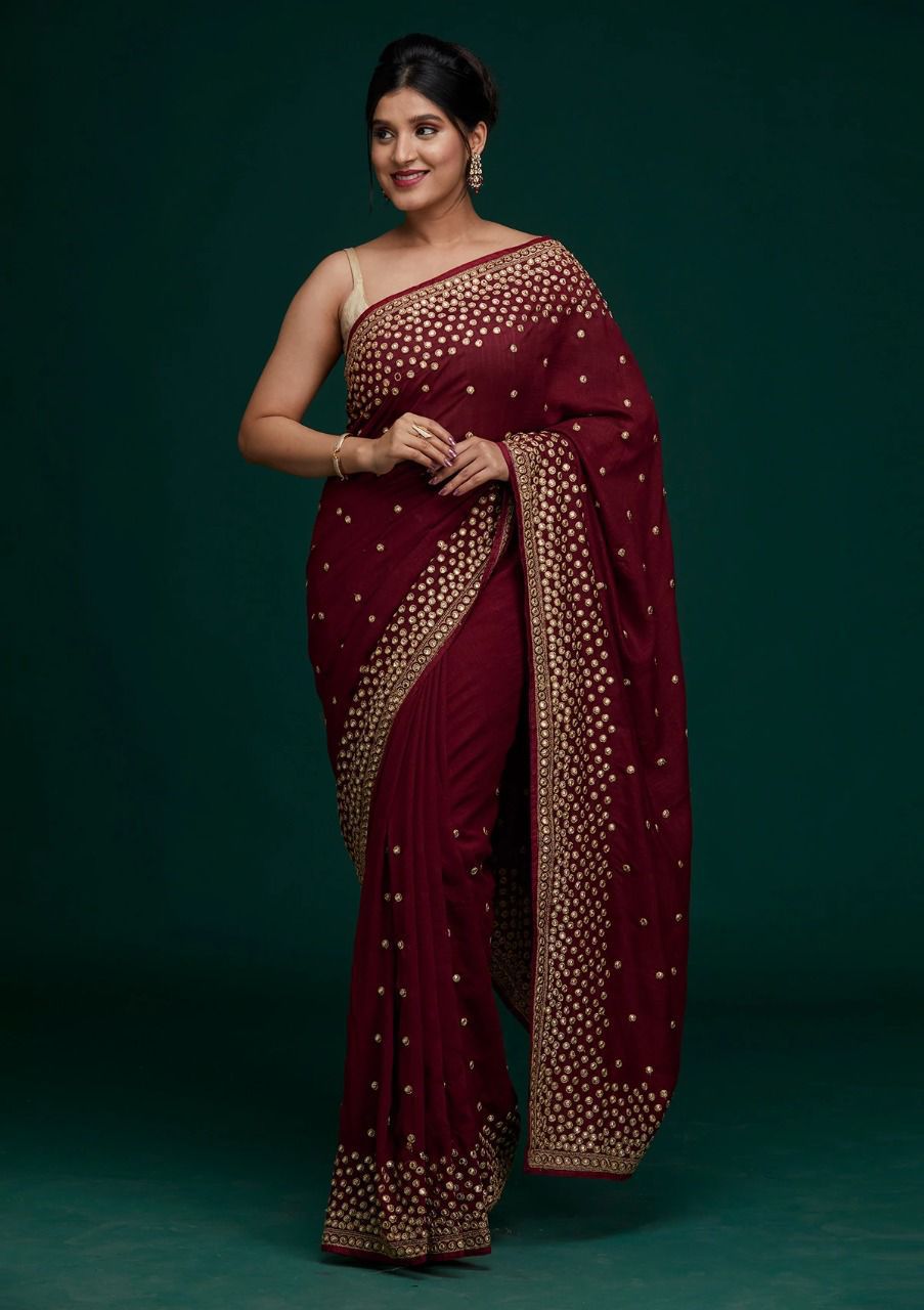 Deep red Vichitra silk saree - gota patti and mirror work