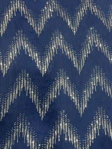 Partywear navy blue and silver zigzag sequins saree