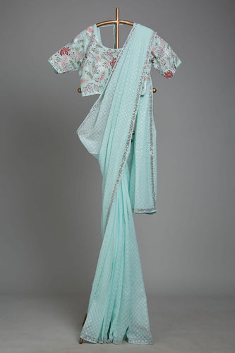 Aqua green mirror work saree