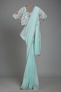 Aqua green mirror work saree