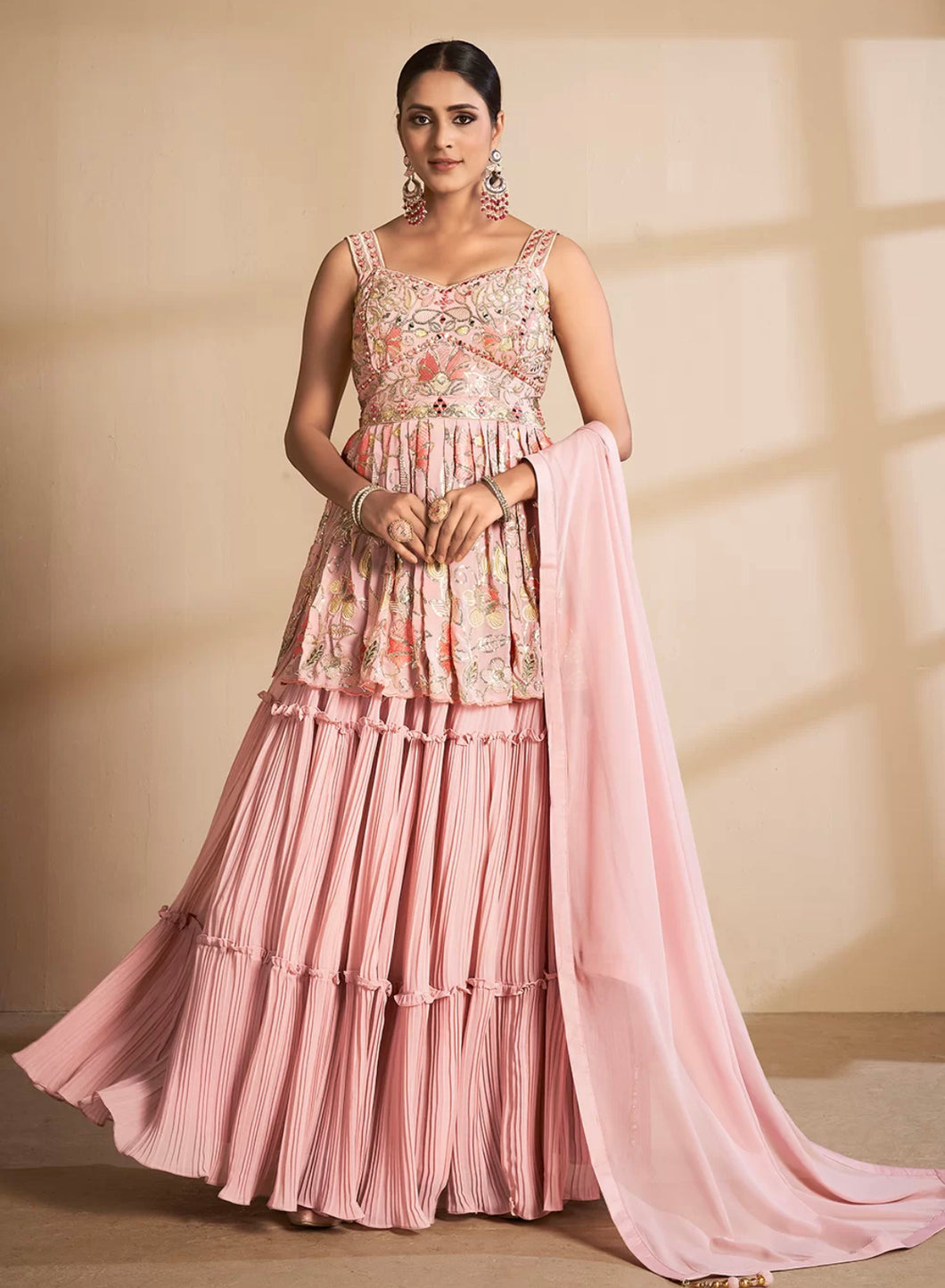 Georgette stitched thread and sequinned lehenga - peach