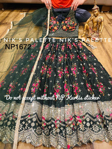 Niks collection - Olive green floral mirror work readymade Lehenga