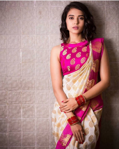 Bright pink soft lichi silk saree